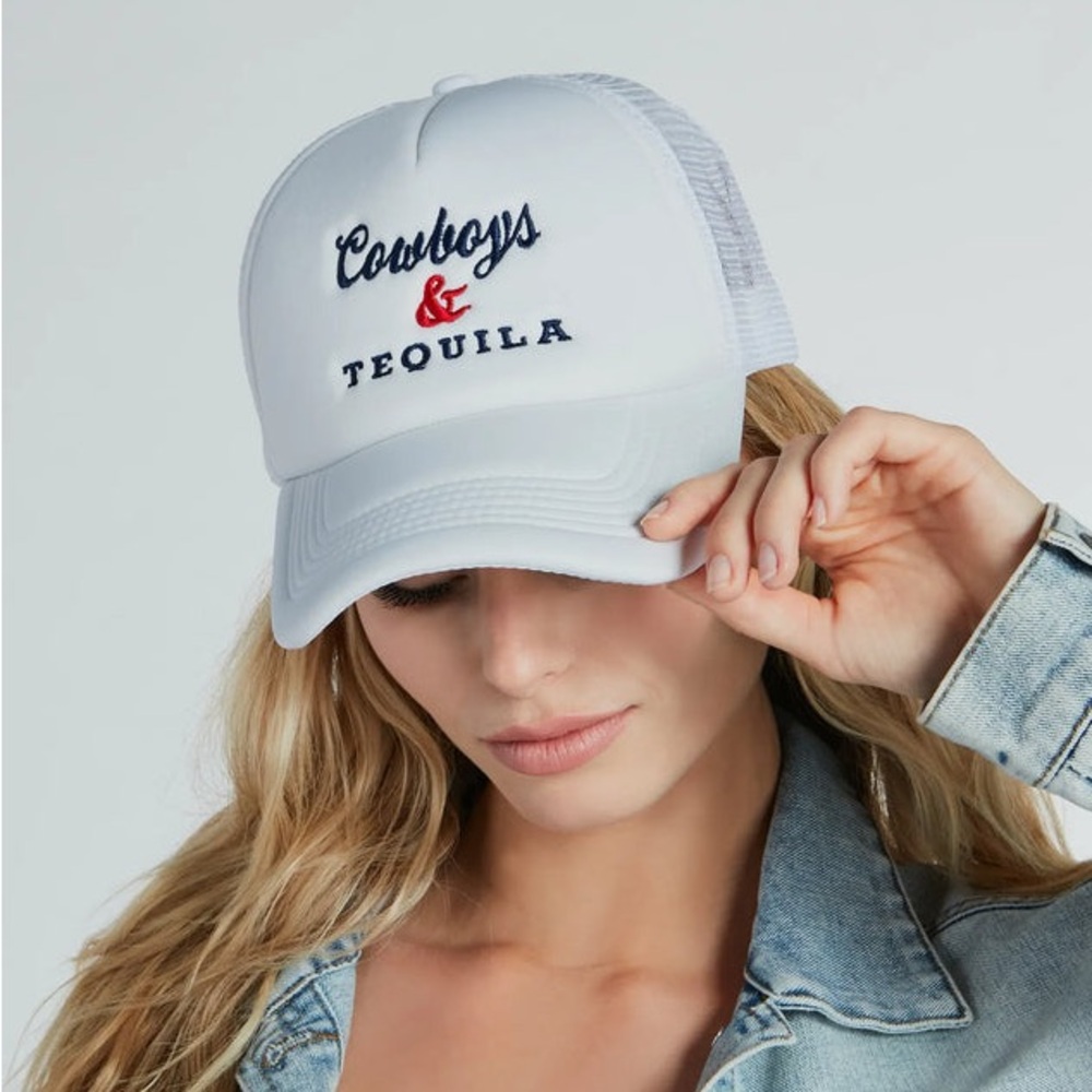White Trucker Hat with Cowboys & Tequila